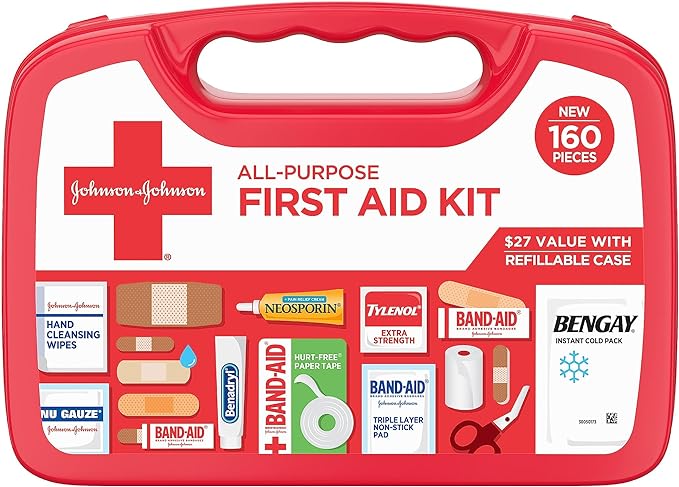 Johnson & Johnson All-Purpose Portable Compact First Aid Kit - 160 Pieces for Minor Cuts, Scrapes, Sprains &amp; Burns - Ideal for Home, Car, Travel, Camping, and Outdoor Emergencies