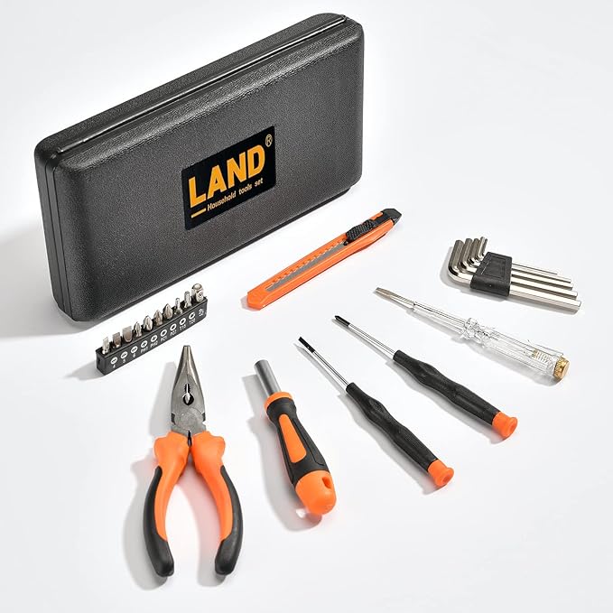 LAND 22-Piece Tool Kit - General Household Tool Set with Cutting Plier and Plastic Toolbox Storage Case - Ideal for Home, Office, Garage, and College Dorm