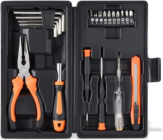 LAND 22-Piece Tool Kit - General Household Tool Set with Cutting Plier and Plastic Toolbox Storage Case - Ideal for Home, Office, Garage, and College Dorm